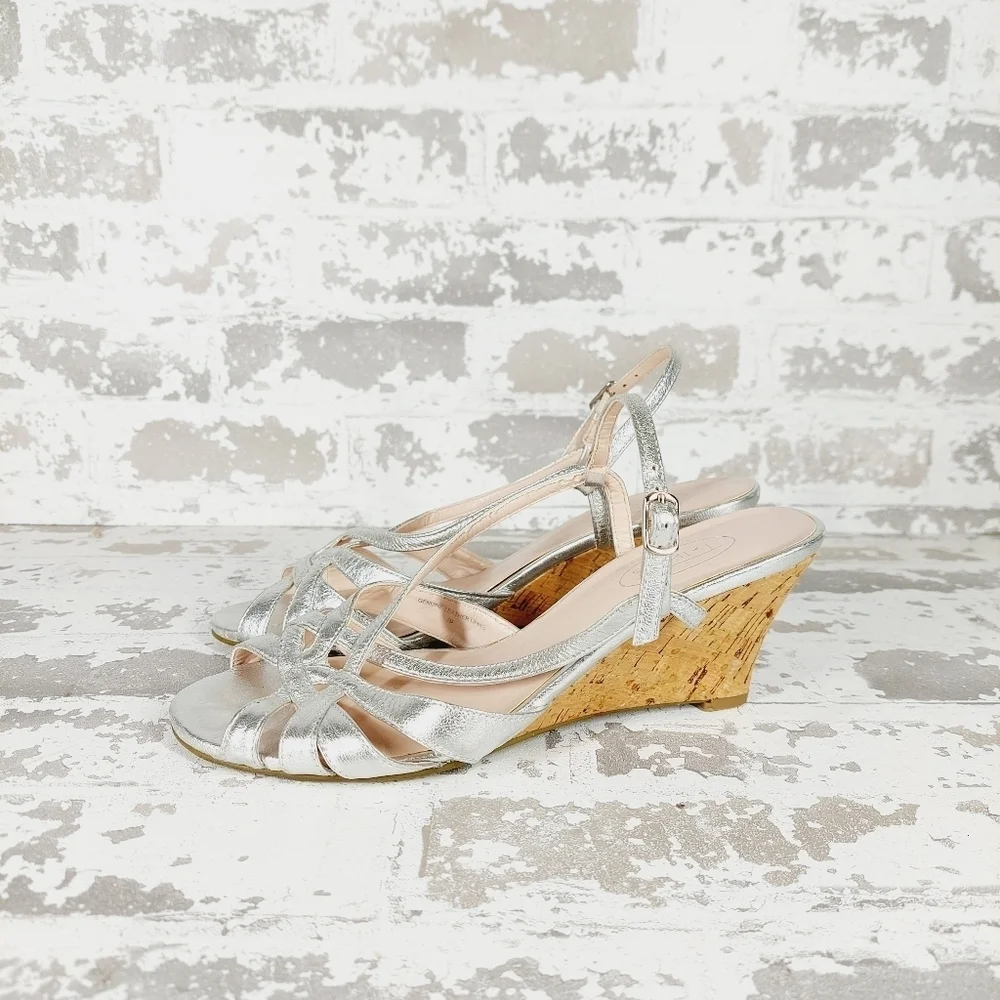 Talbots Women's Silver Genuine Leather Platform Strap Wedge Sandals V327